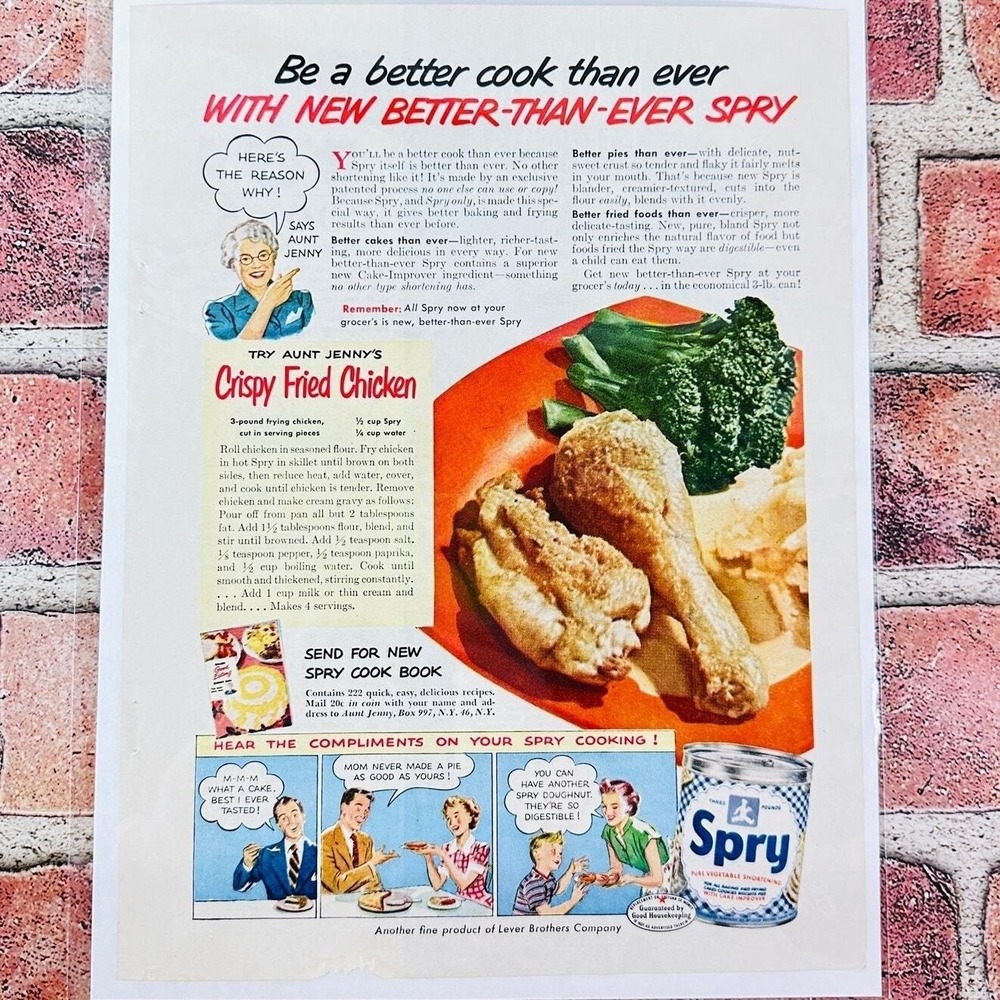 1949 Spry - Crispy Fried Chicken - Cartoon Housewife - Original Retro PRINT AD
